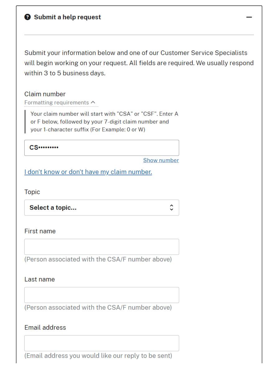 Contact form showing help text for required formatting on the claim number field.