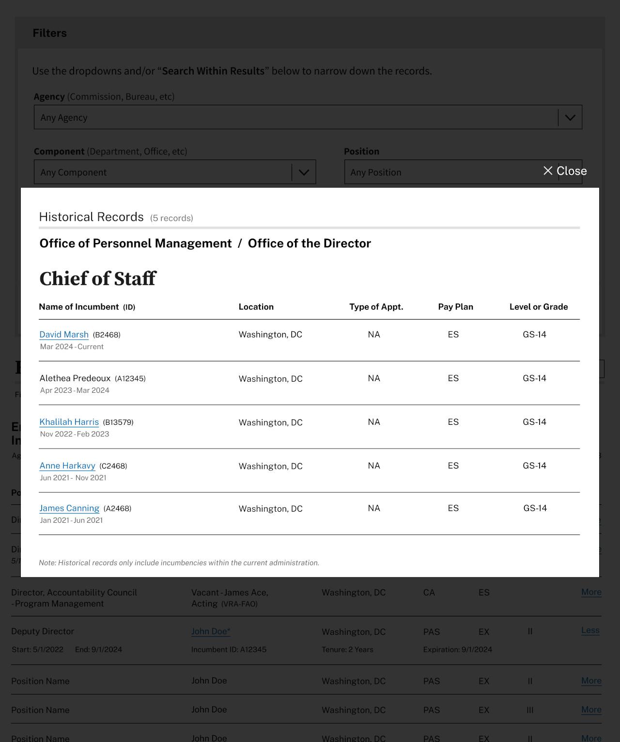 A modal window with historical position data