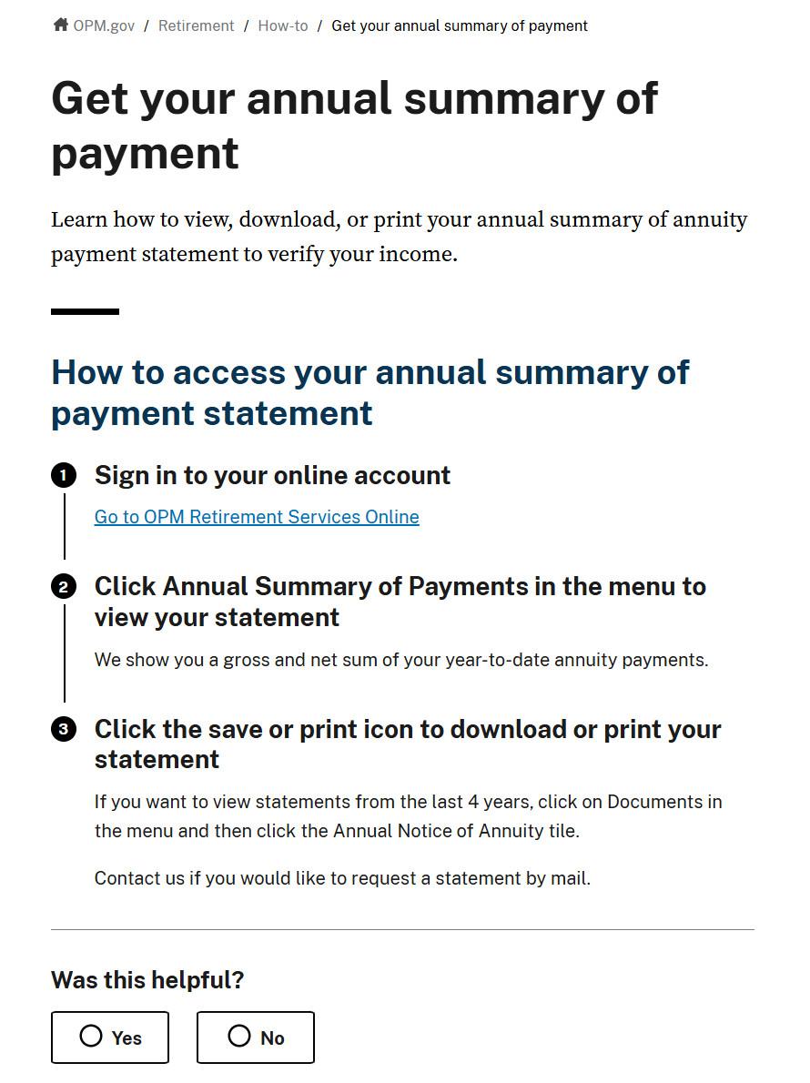 A step-by-step help guide of how to access your annual summary of payment, with a feedback button asking Was this Helpful?