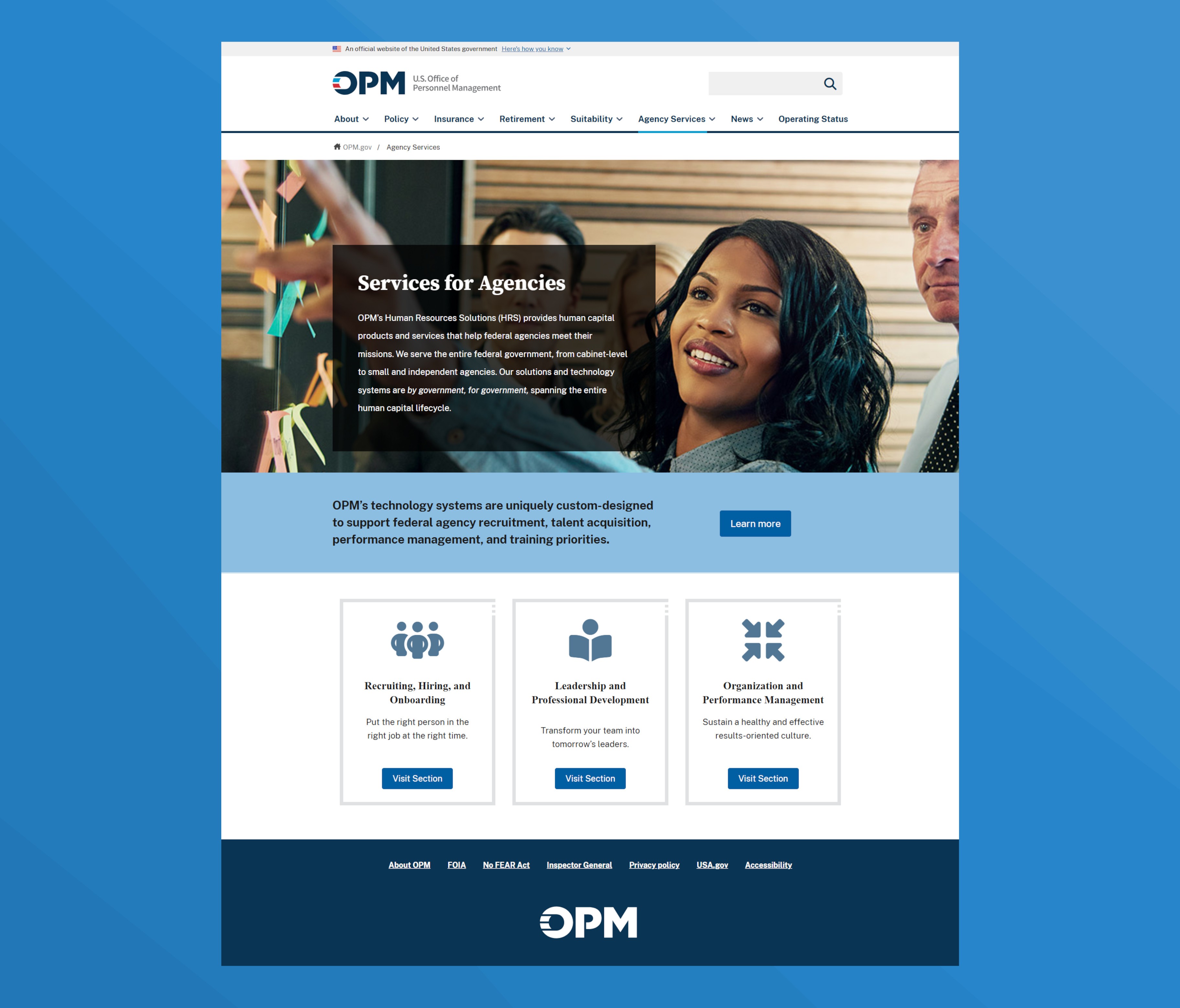 Services for Agencies landing page on OPM.gov, with reusable components like a hero image with text, a call to action text and button, and cards with icons.